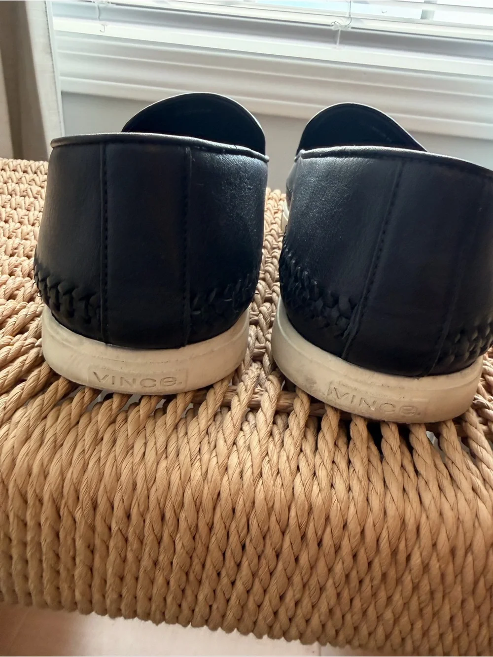 Vince Black Leather Slip-On Loafers with Whipstitch Detail